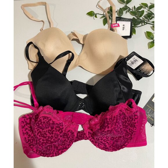 Set Of 3 Womens 34B Padded Bras Beige Black Pink Leopard Lace Adjustable Straps - Picture 7 of 8